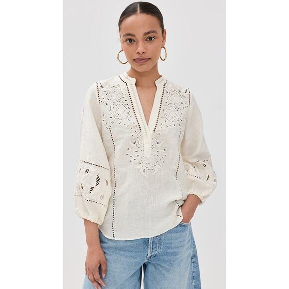 Figue Tops - Figue Rylie Linen Floral Lace Cutouts Creamy White Top XS